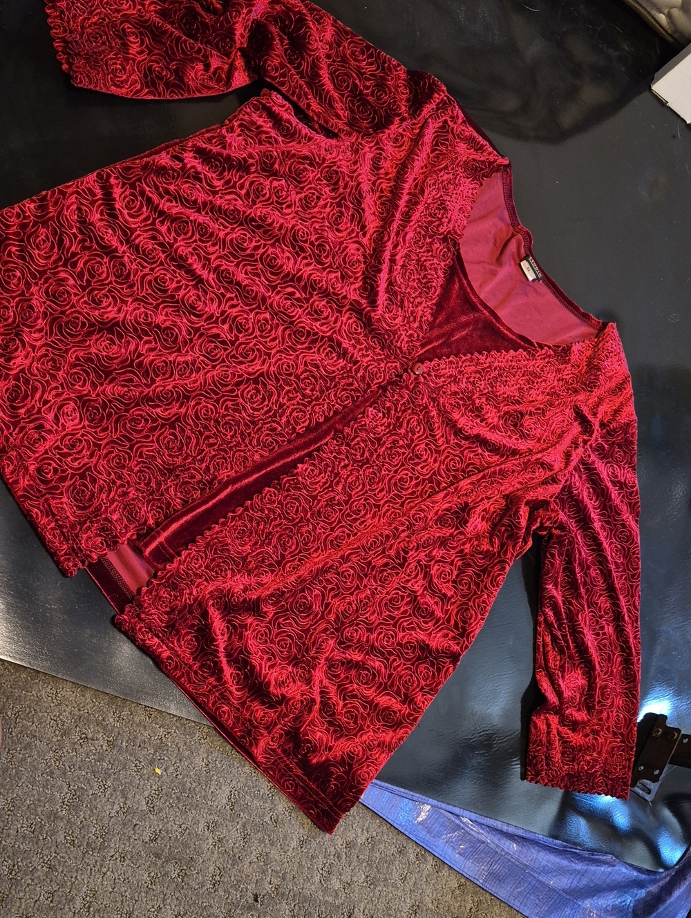 Women's Red Velvet Rose-Pattern Long Sleeve Top